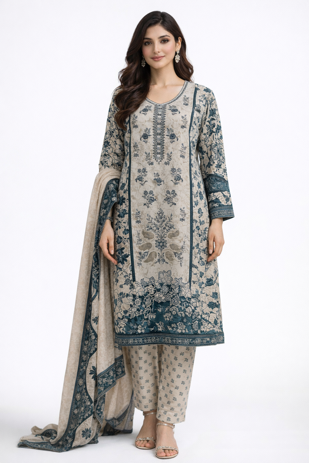 3-Pcs Printed & Embroidered Lawn Suit (Stitched)