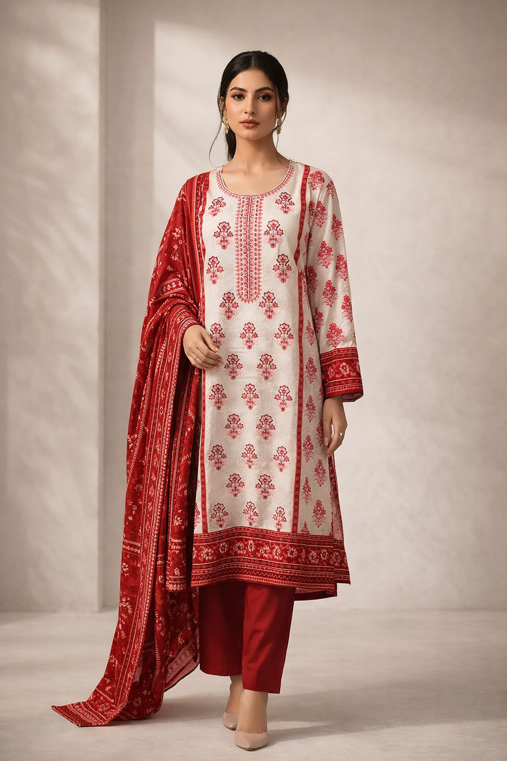 3-Pcs Printed & Embroidered Lawn Suit (Stitched)