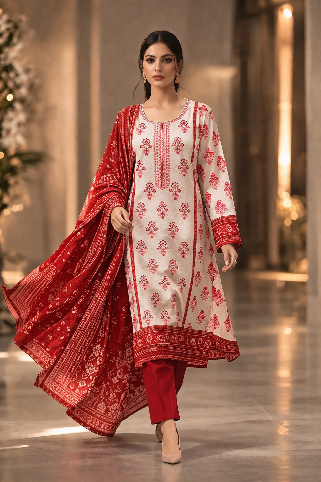 3-Pcs Printed & Embroidered Lawn Suit (Stitched)