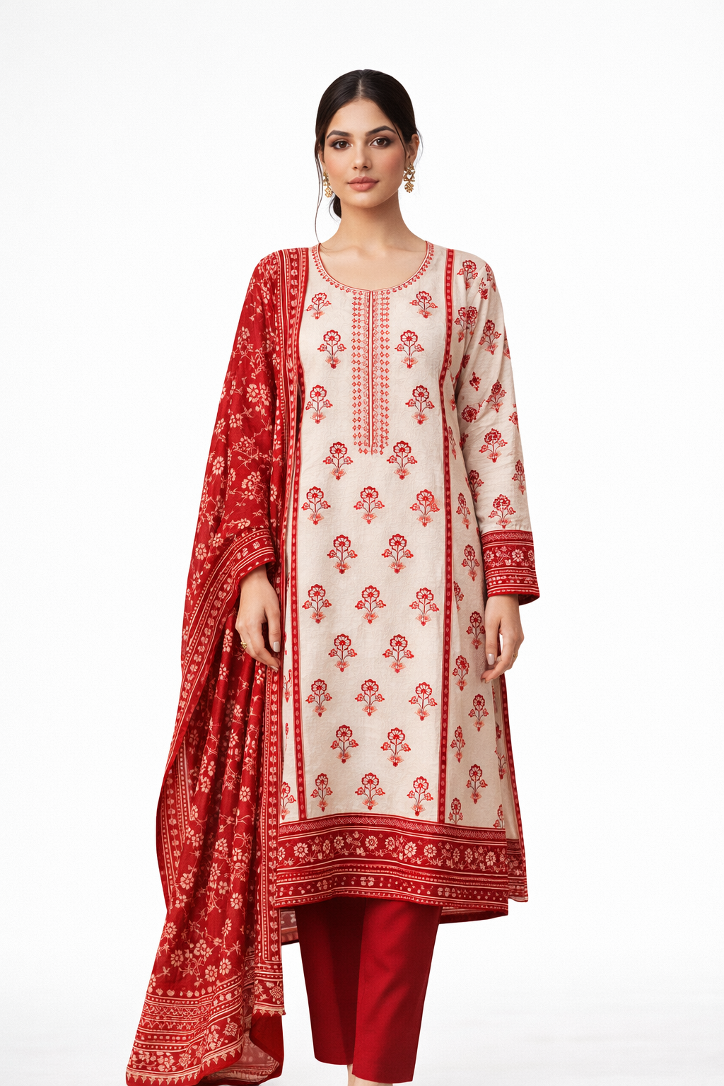 3-Pcs Printed & Embroidered Lawn Suit (Stitched)