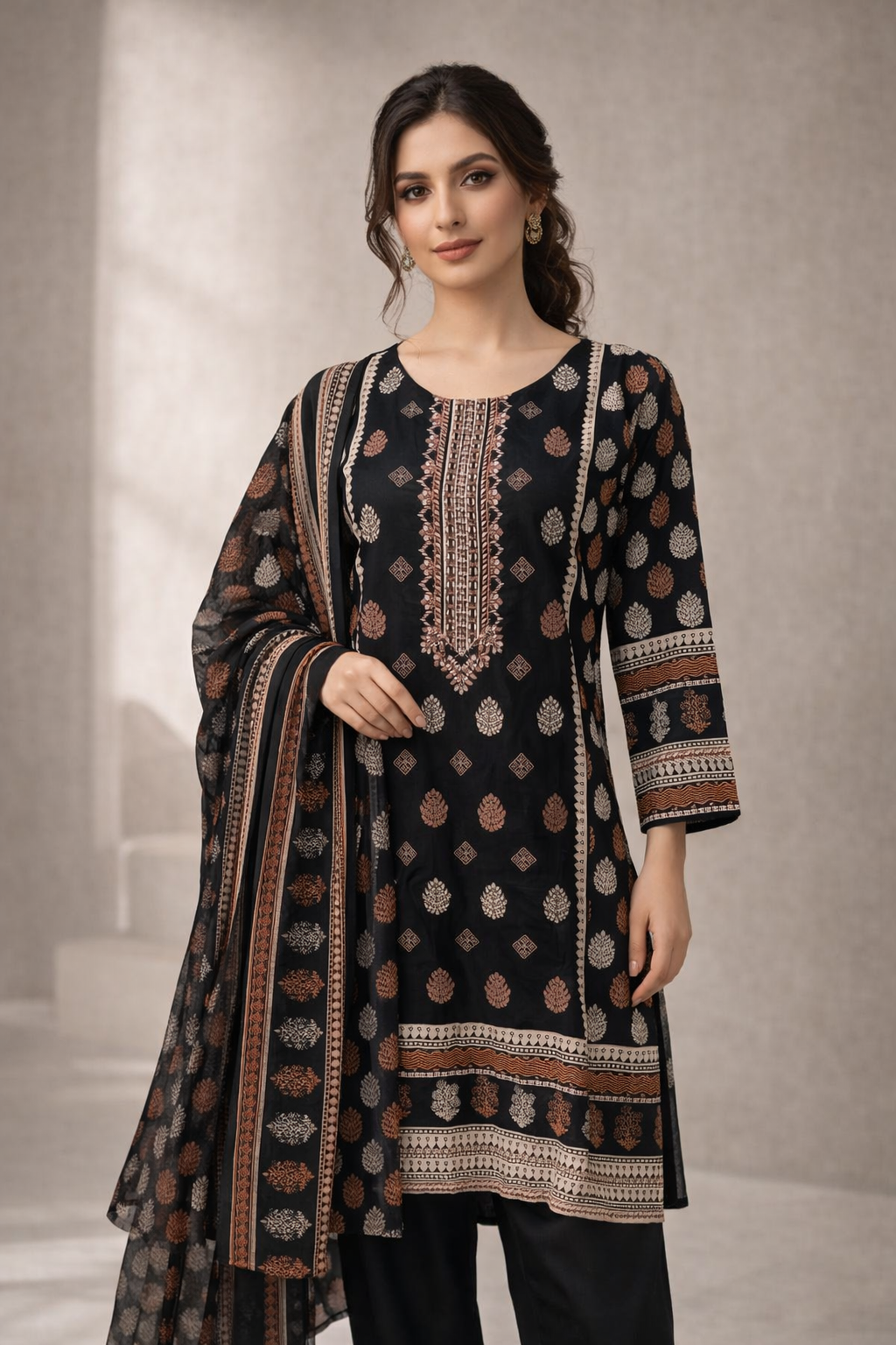 3-Pcs Printed & Embroidered Lawn Suit (Stitched)