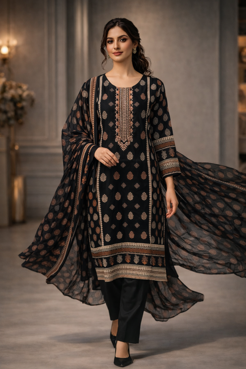 3-Pcs Printed & Embroidered Lawn Suit (Stitched)