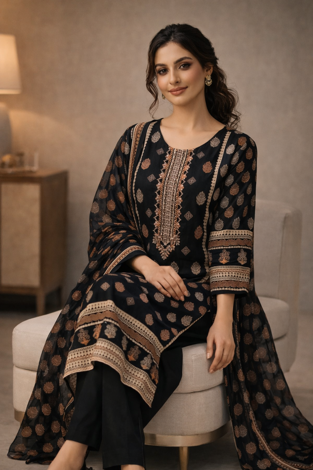 3-Pcs Printed & Embroidered Lawn Suit (Stitched)