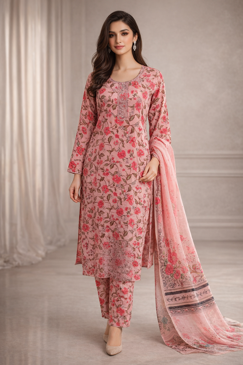 3-Pcs Printed & Embroidered Lawn Suit (Stitched)