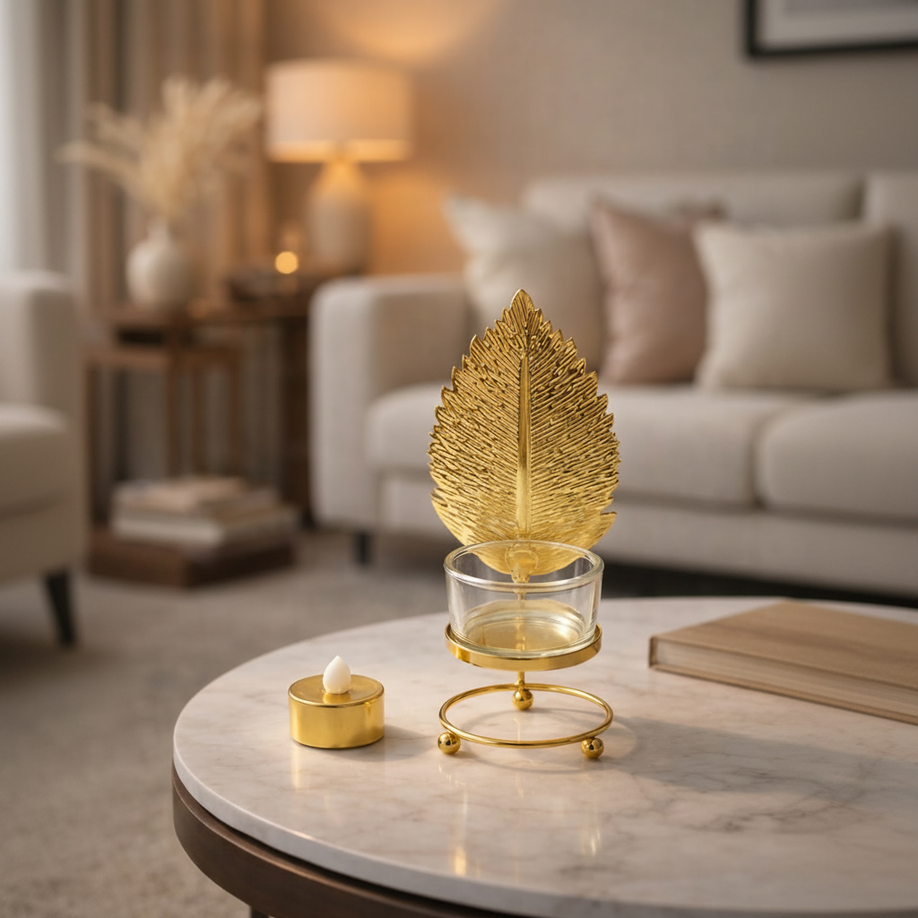 Golden Metallic Leaf Candle Stand with Flameless Candle