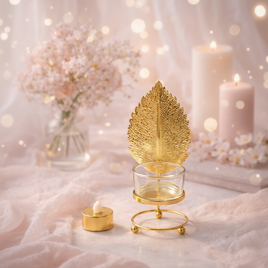 Golden Metallic Leaf Candle Stand with Flameless Candle
