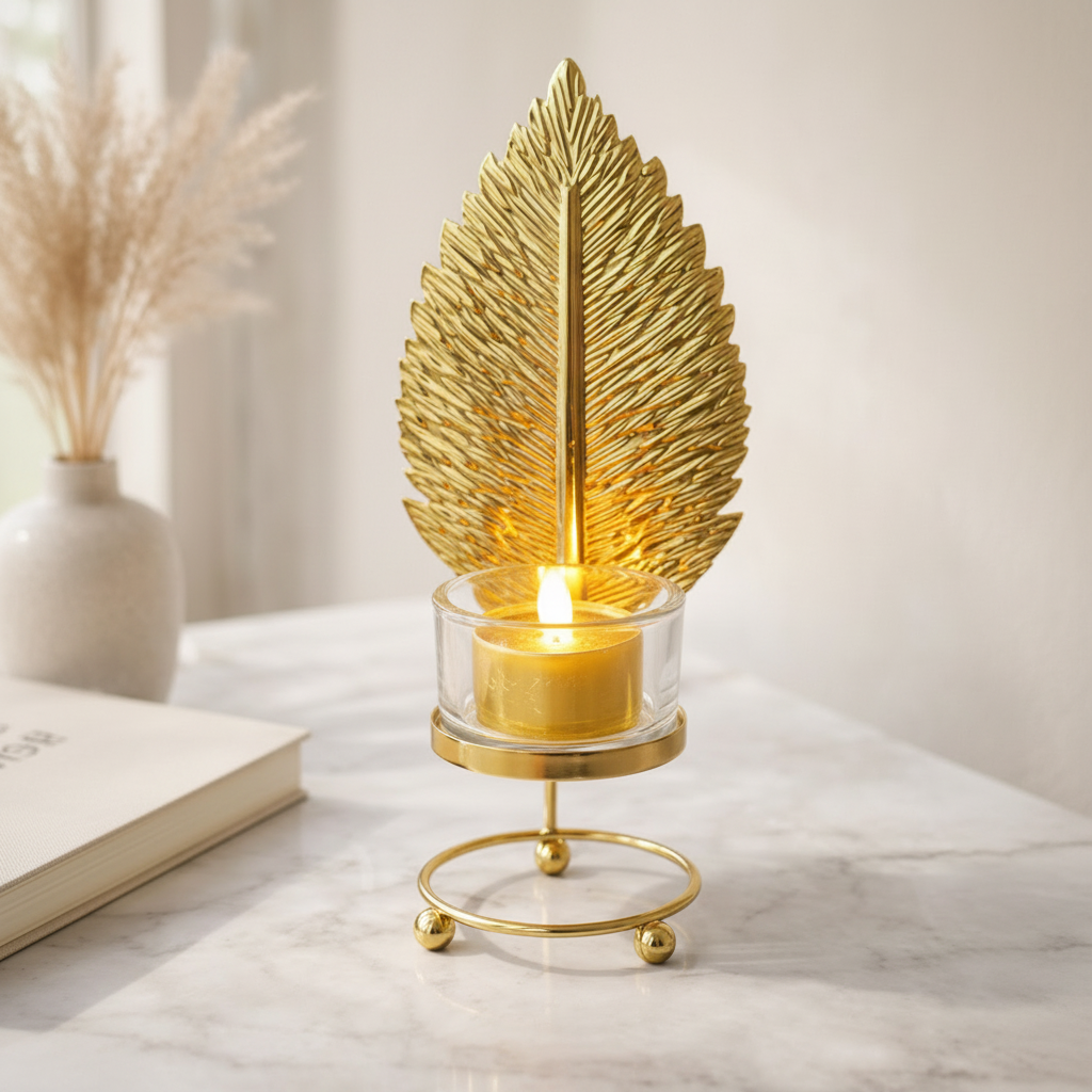 Golden Metallic Leaf Candle Stand with Flameless Candle
