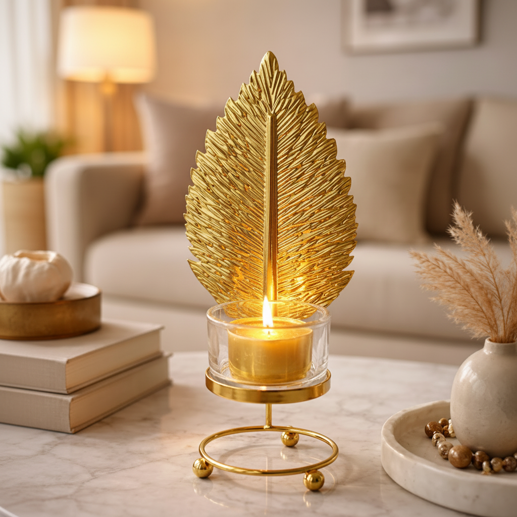Golden Metallic Leaf Candle Stand with Flameless Candle