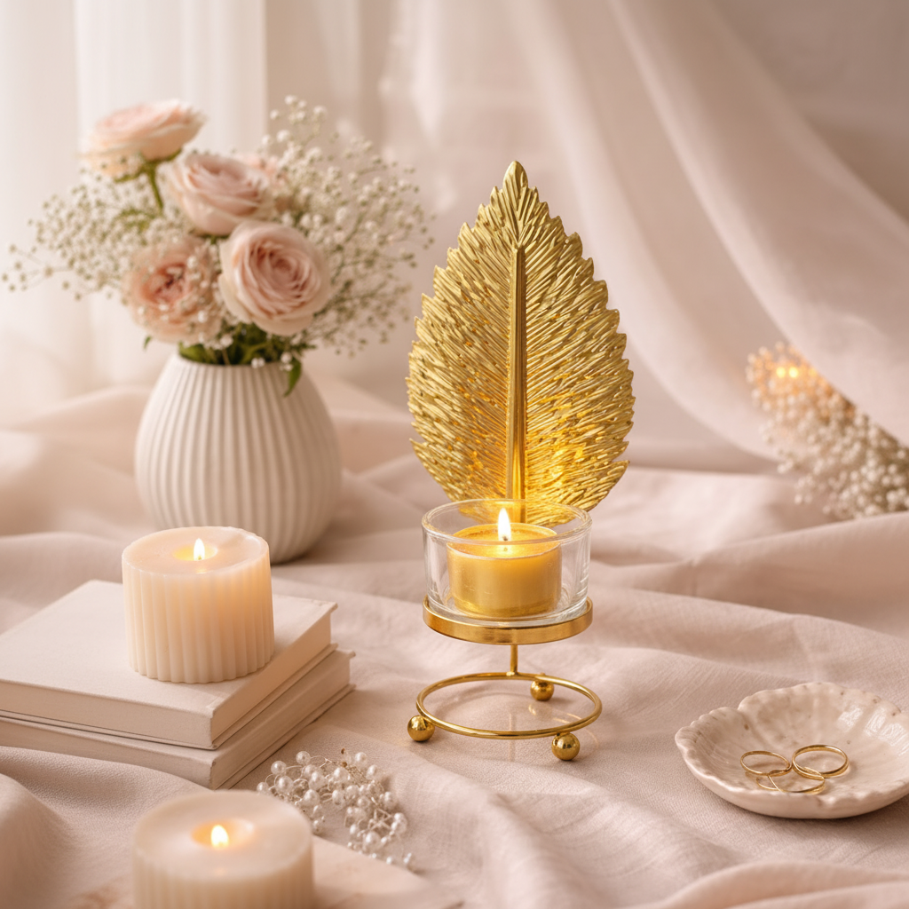 Golden Metallic Leaf Candle Stand with Flameless Candle