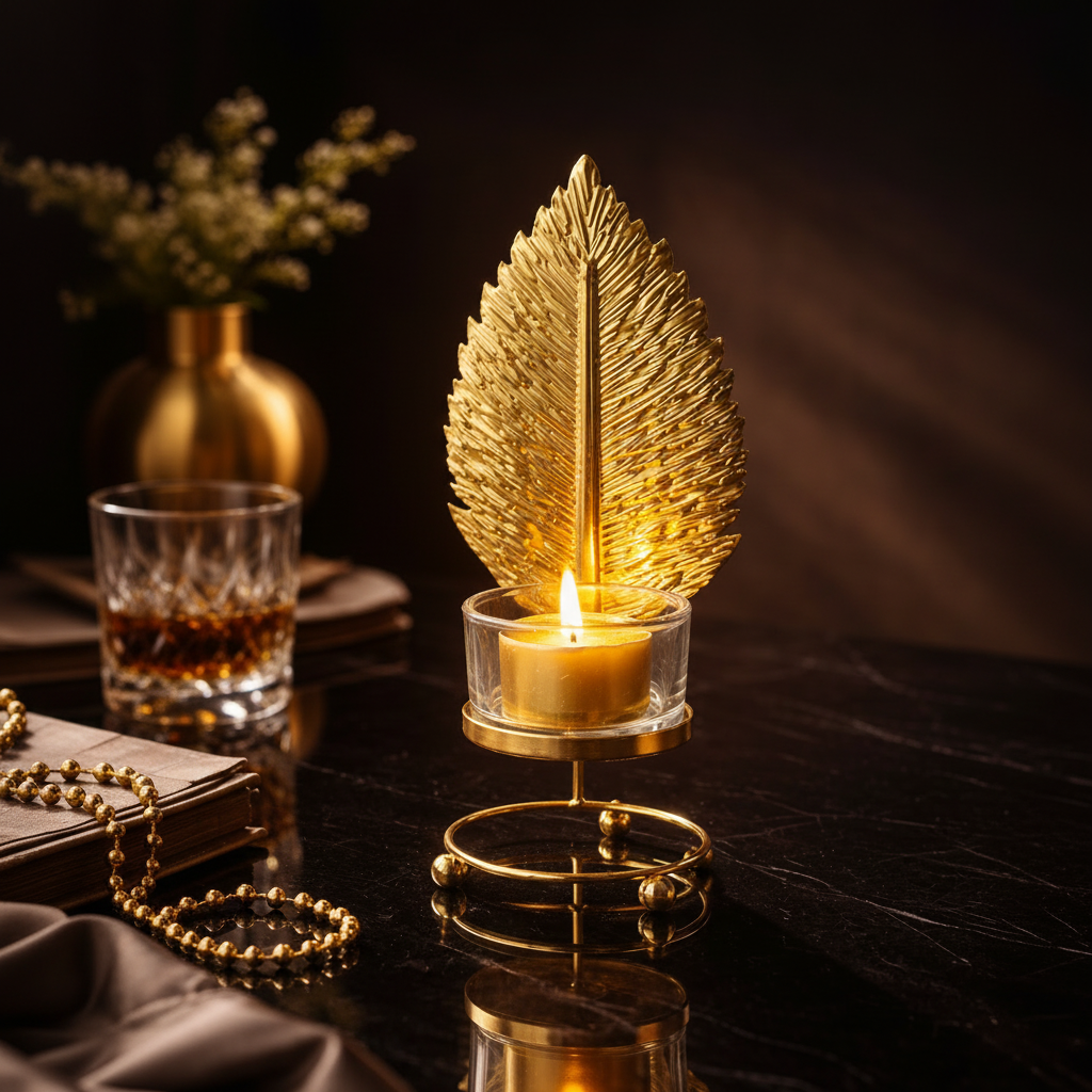Golden Metallic Leaf Candle Stand with Flameless Candle