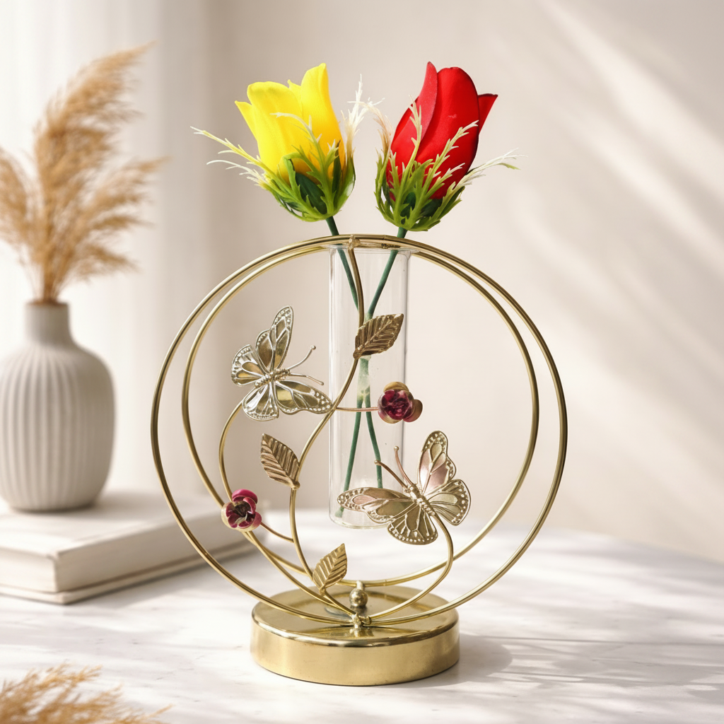Golden Metallic Round Frame with Glass Tube Vase & Rose Flower Buds