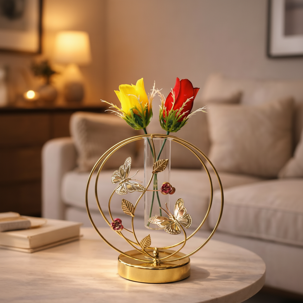 Golden Metallic Round Frame with Glass Tube Vase & Rose Flower Buds