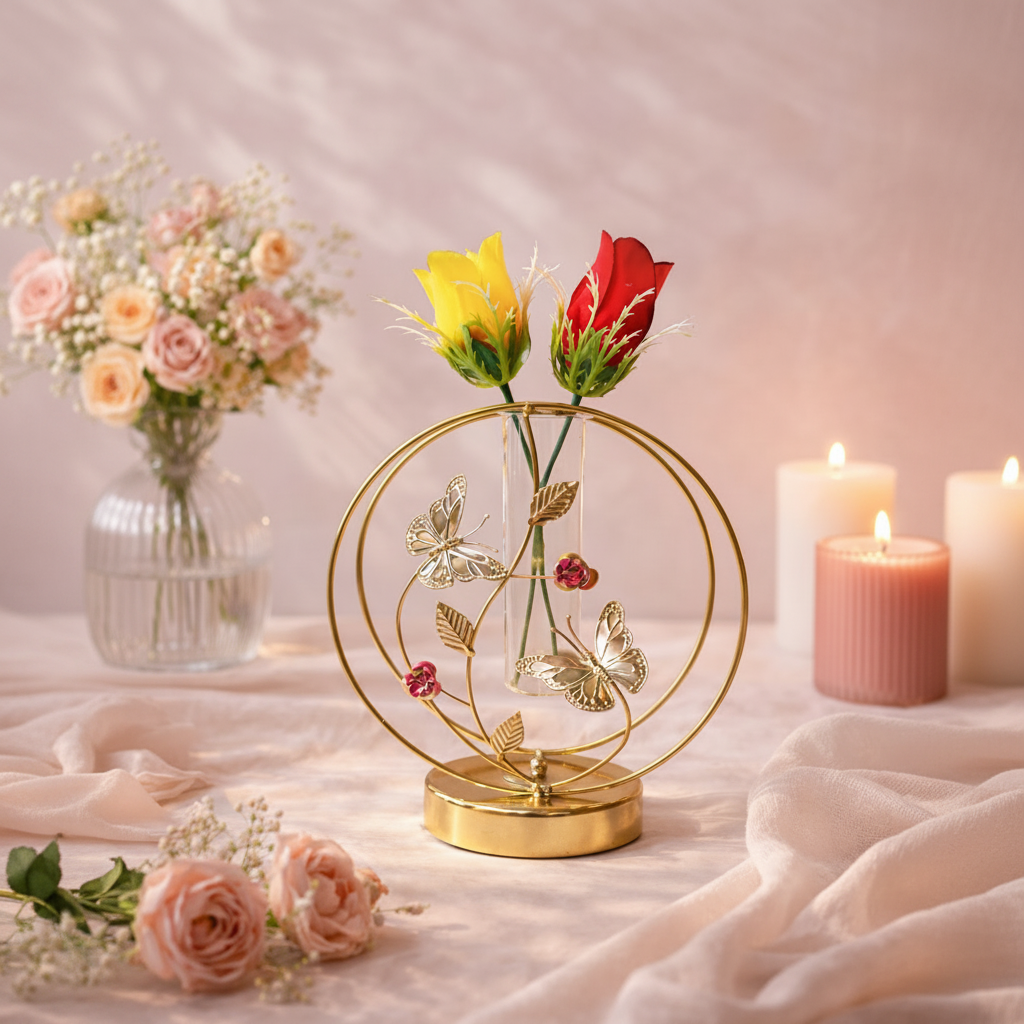 Golden Metallic Round Frame with Glass Tube Vase & Rose Flower Buds