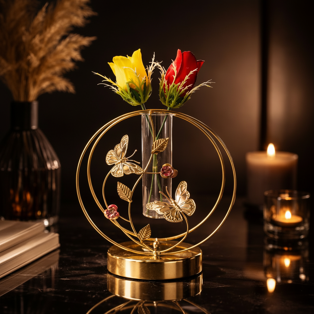 Golden Metallic Round Frame with Glass Tube Vase & Rose Flower Buds