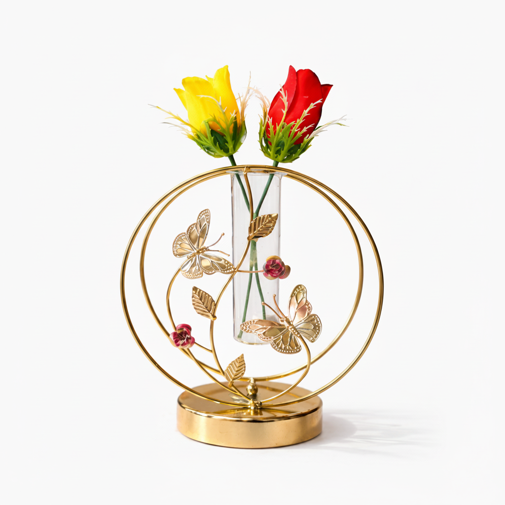Golden Metallic Round Frame with Glass Tube Vase & Rose Flower Buds