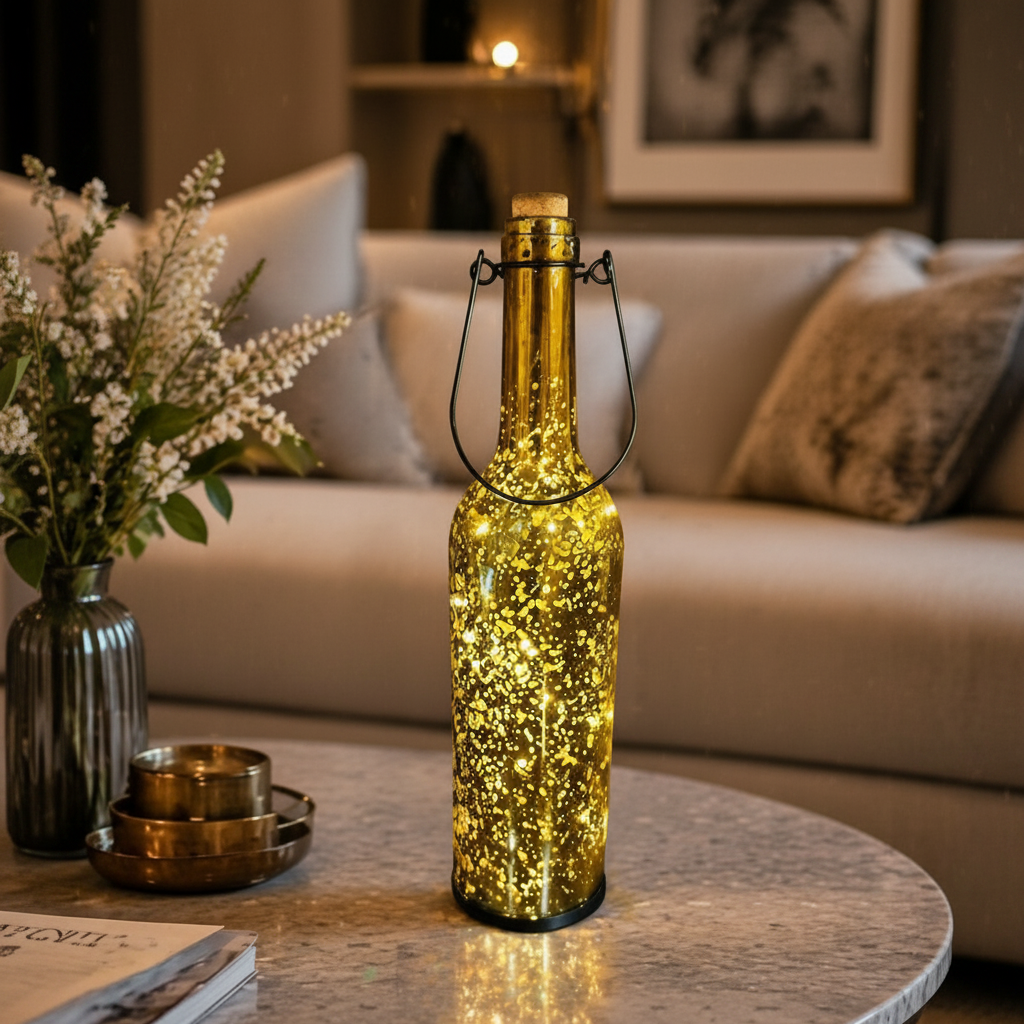 Golden Glass Bottle with Cork at opening and LED Stary String Lights inside