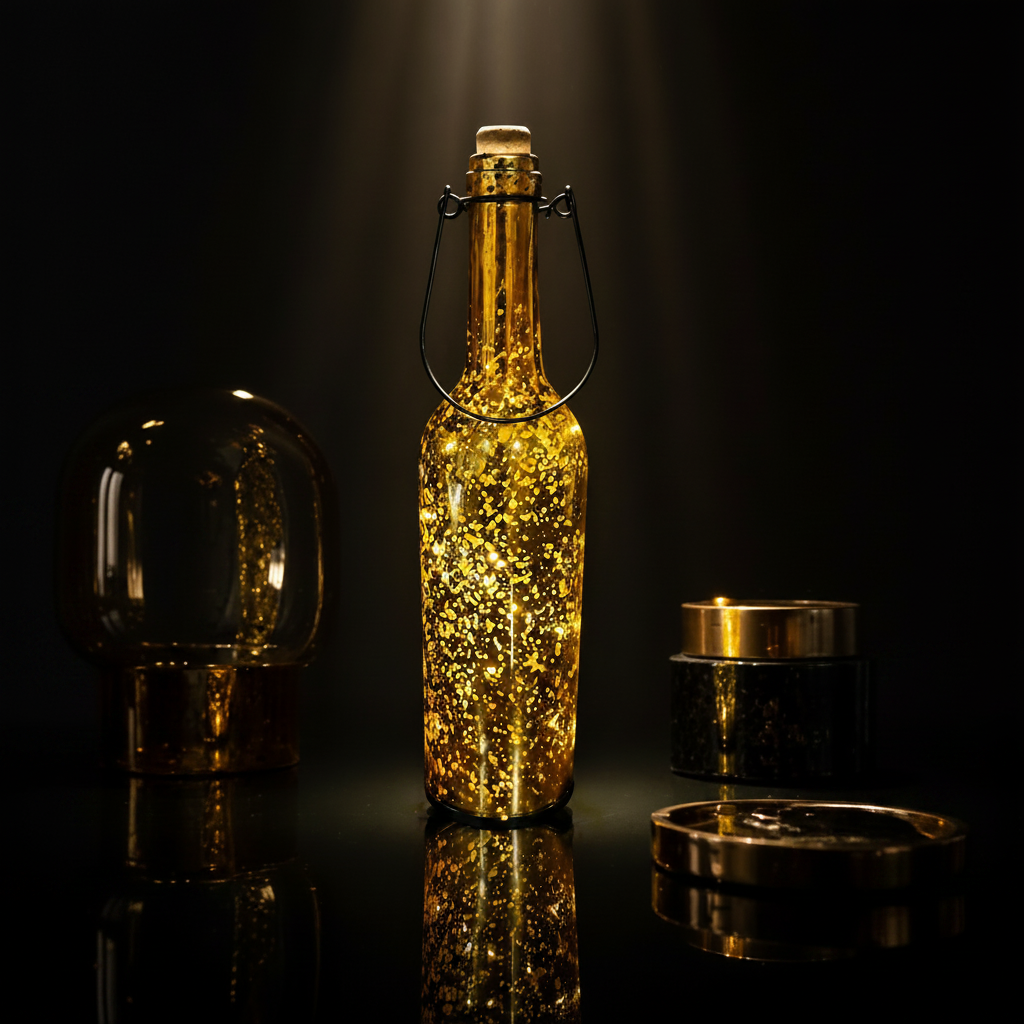 Golden Glass Bottle with Cork at opening and LED Stary String Lights inside