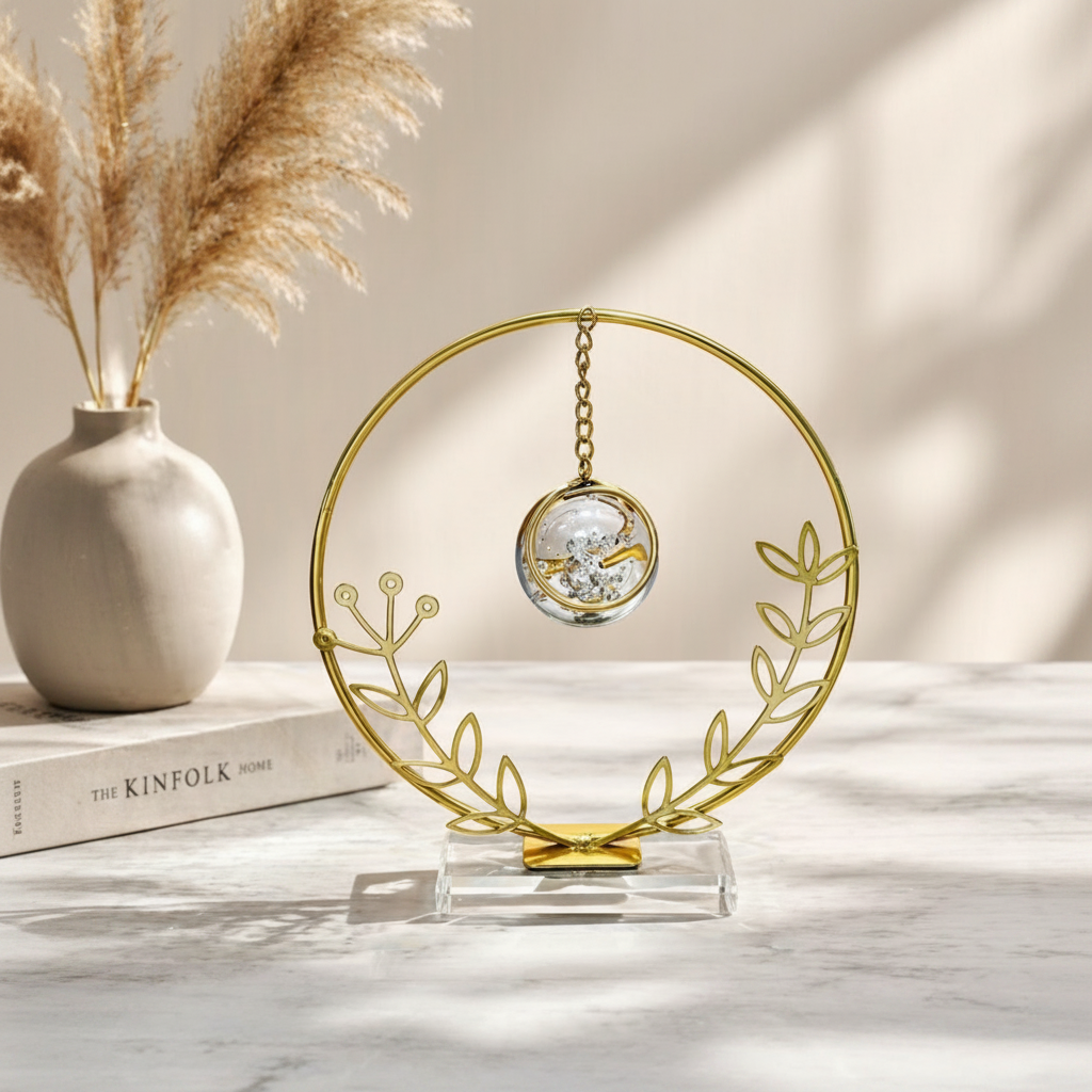 Golden Metallic Round Frame on Glass Platform with Leaves and Hanging Crystal Ball inside