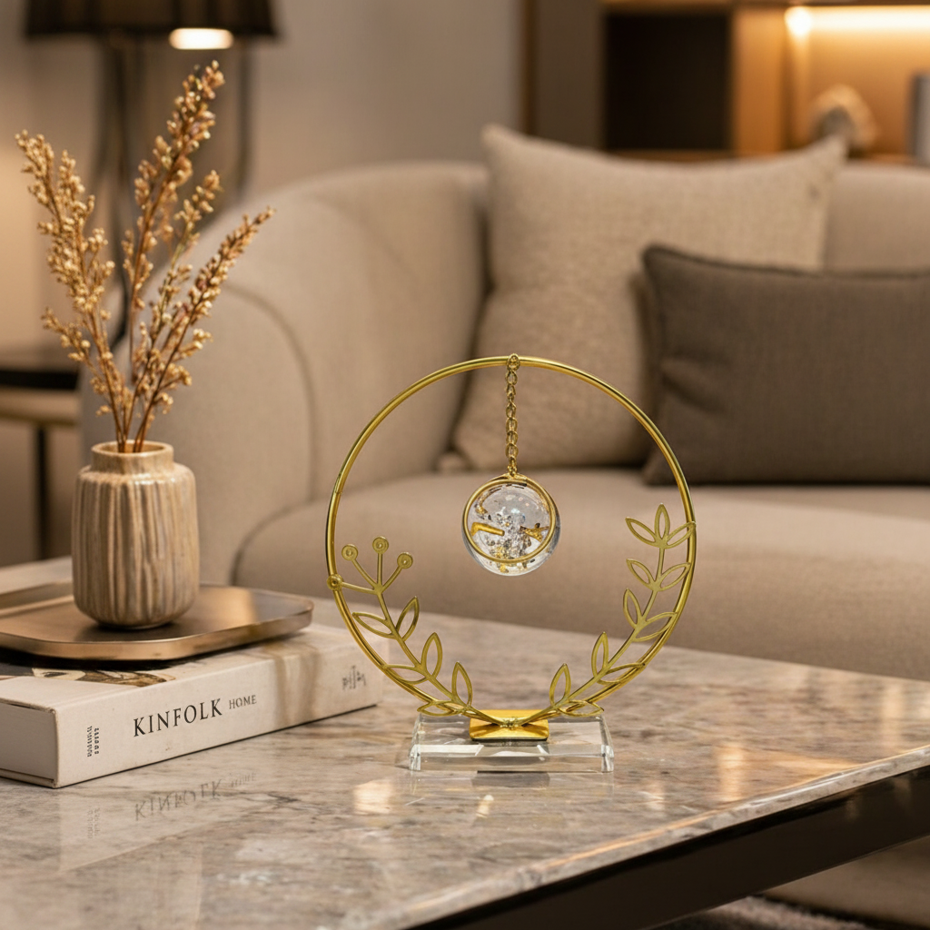 Golden Metallic Round Frame on Glass Platform with Leaves and Hanging Crystal Ball inside