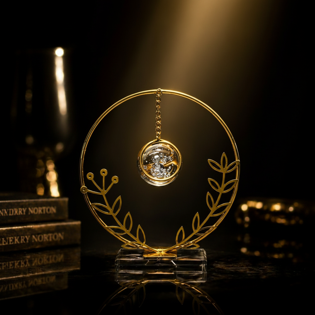 Golden Metallic Round Frame on Glass Platform with Leaves and Hanging Crystal Ball inside