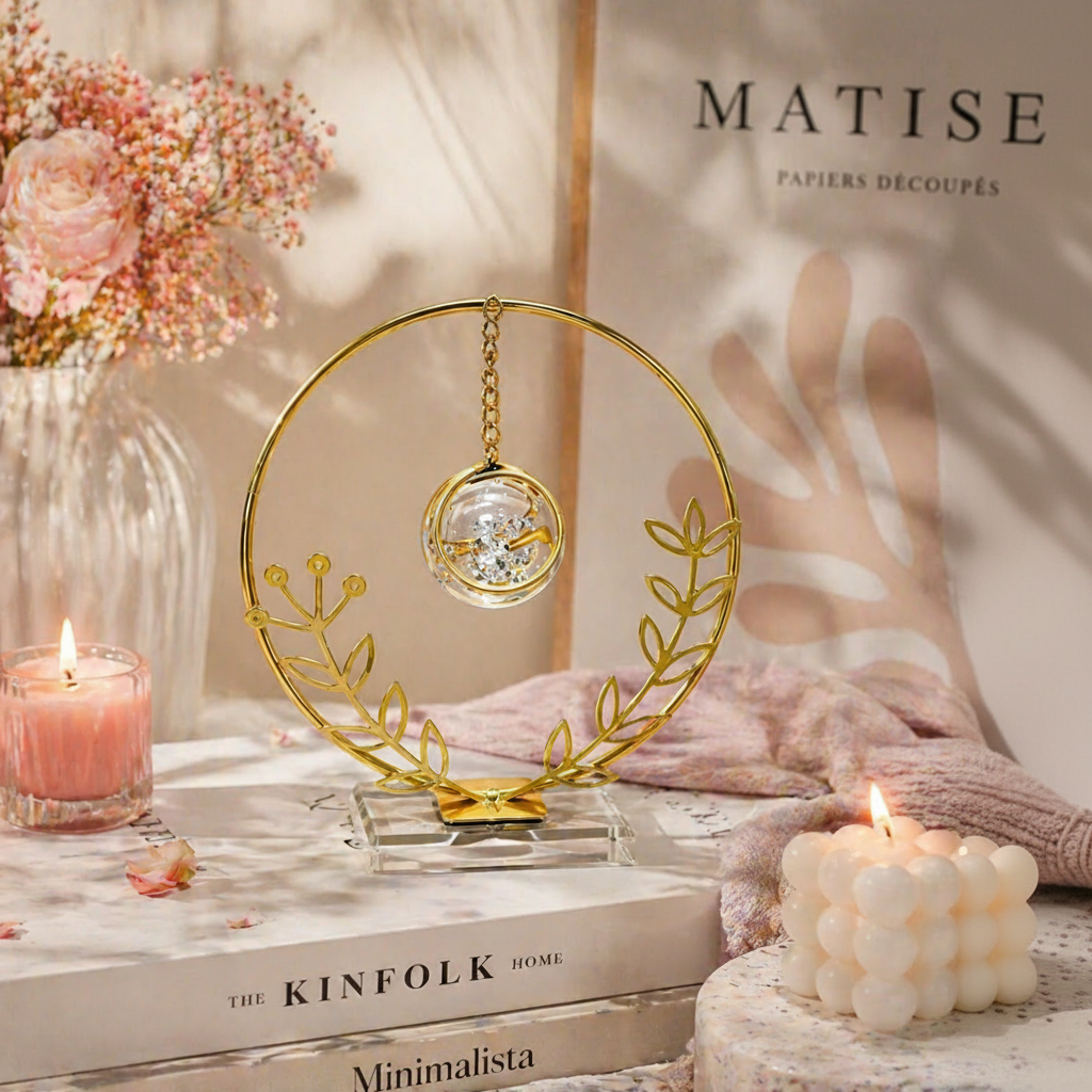 Golden Metallic Round Frame on Glass Platform with Leaves and Hanging Crystal Ball inside