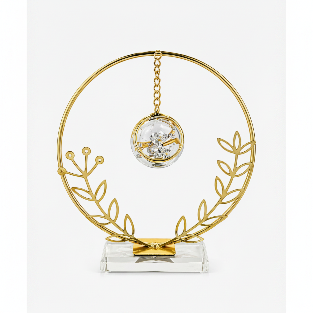 Golden Metallic Round Frame on Glass Platform with Leaves and Hanging Crystal Ball inside