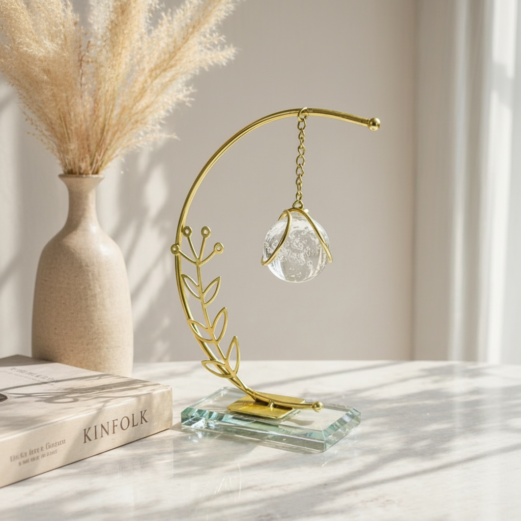 Golden Metallic Semicircle Frame on Glass Platform with Leaves and Hanging Crystal Ball inside