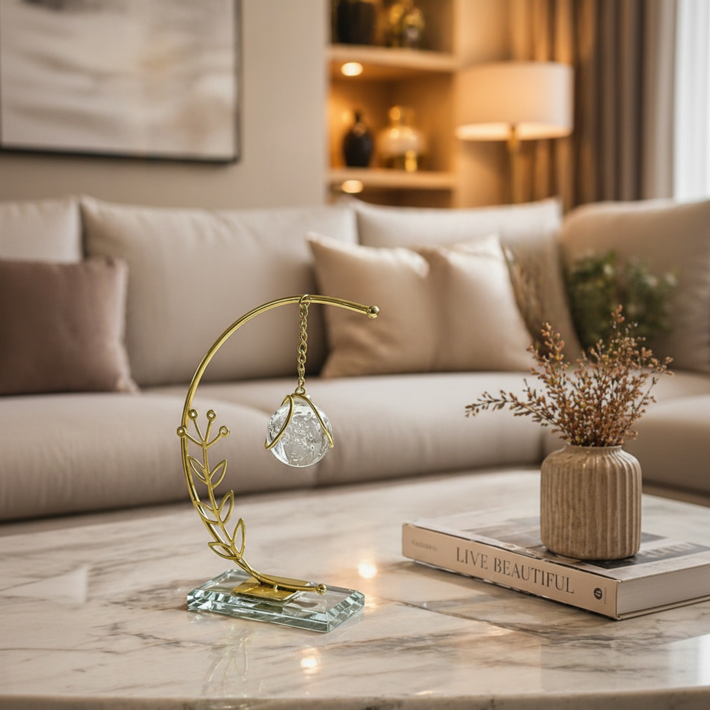 Golden Metallic Semicircle Frame on Glass Platform with Leaves and Hanging Crystal Ball inside