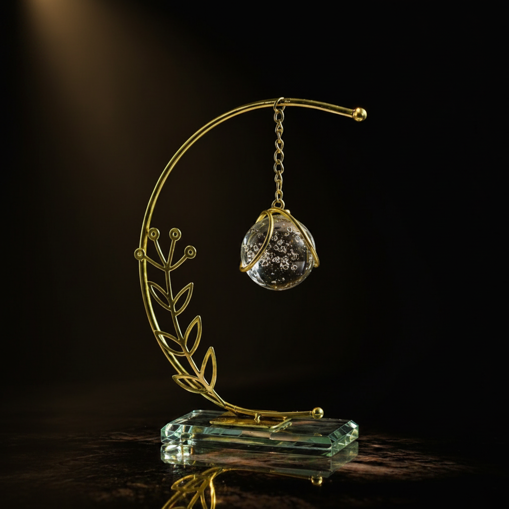 Golden Metallic Semicircle Frame on Glass Platform with Leaves and Hanging Crystal Ball inside