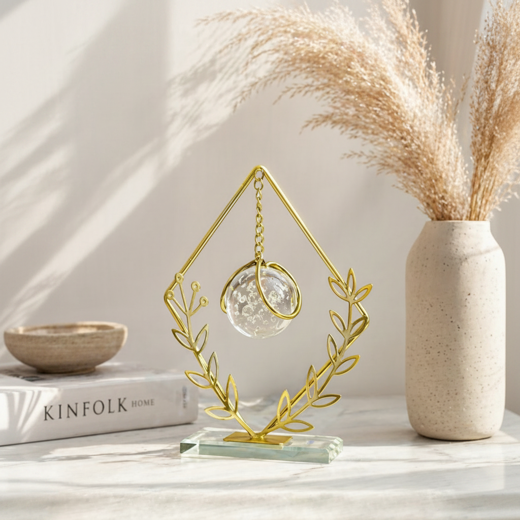 Golden Metallic Diamond Shaped Frame on Glass Platform with Leaves and Hanging Crystal Ball inside