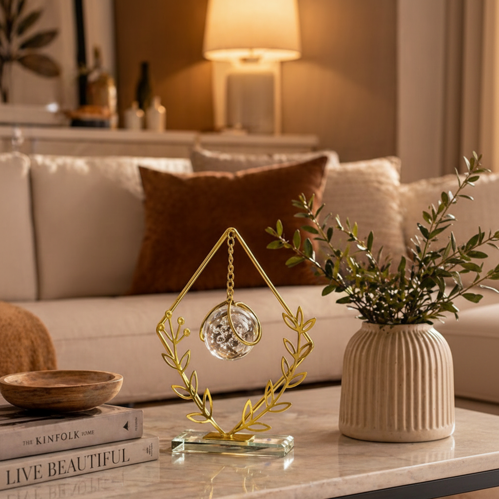 Golden Metallic Diamond Shaped Frame on Glass Platform with Leaves and Hanging Crystal Ball inside