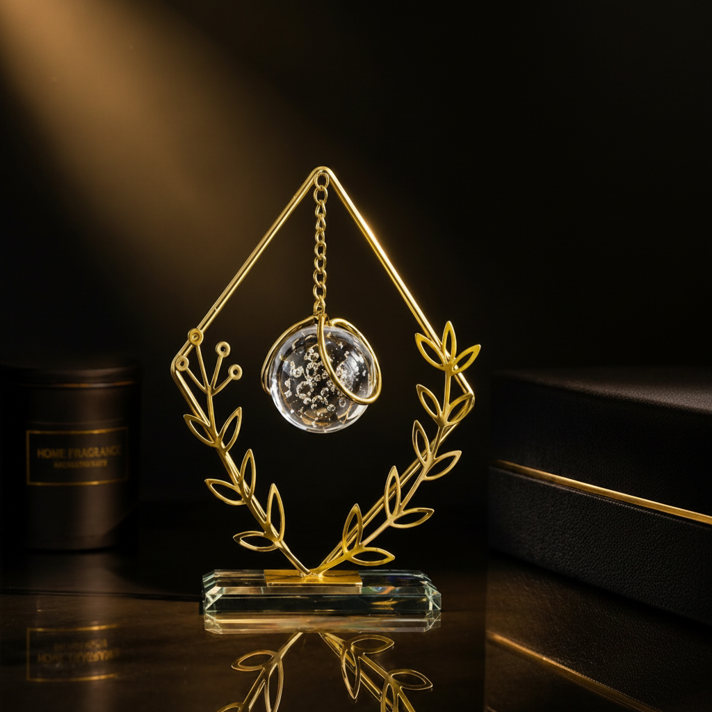 Golden Metallic Diamond Shaped Frame on Glass Platform with Leaves and Hanging Crystal Ball inside