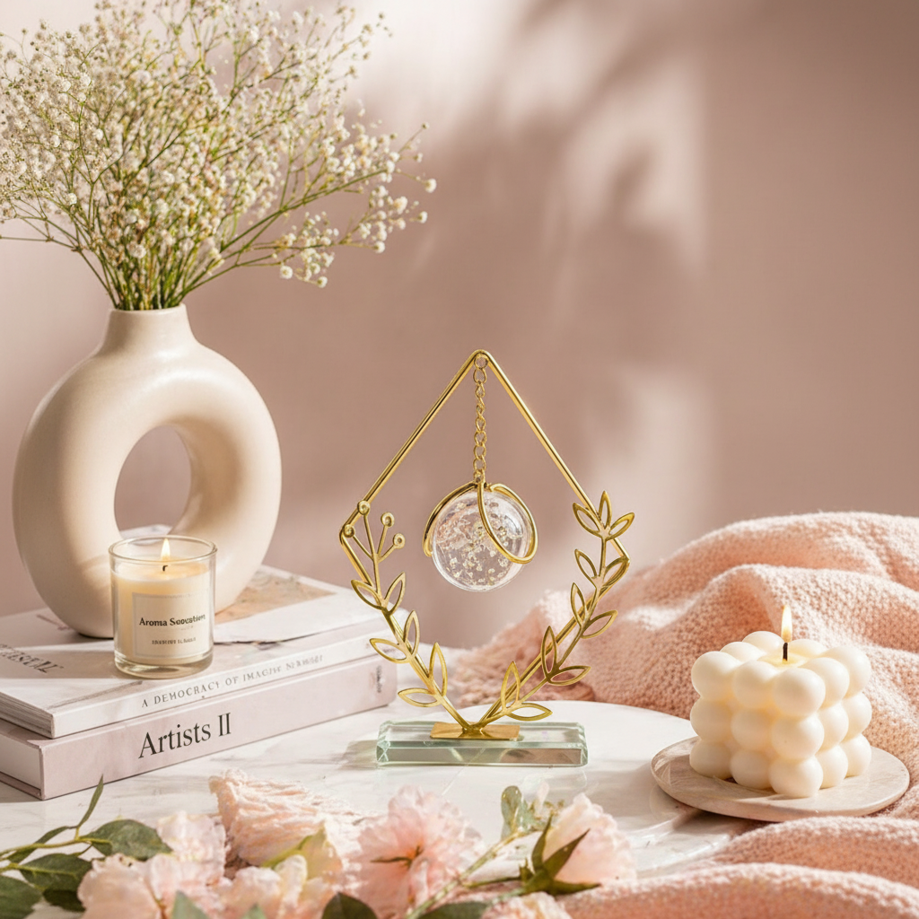 Golden Metallic Diamond Shaped Frame on Glass Platform with Leaves and Hanging Crystal Ball inside