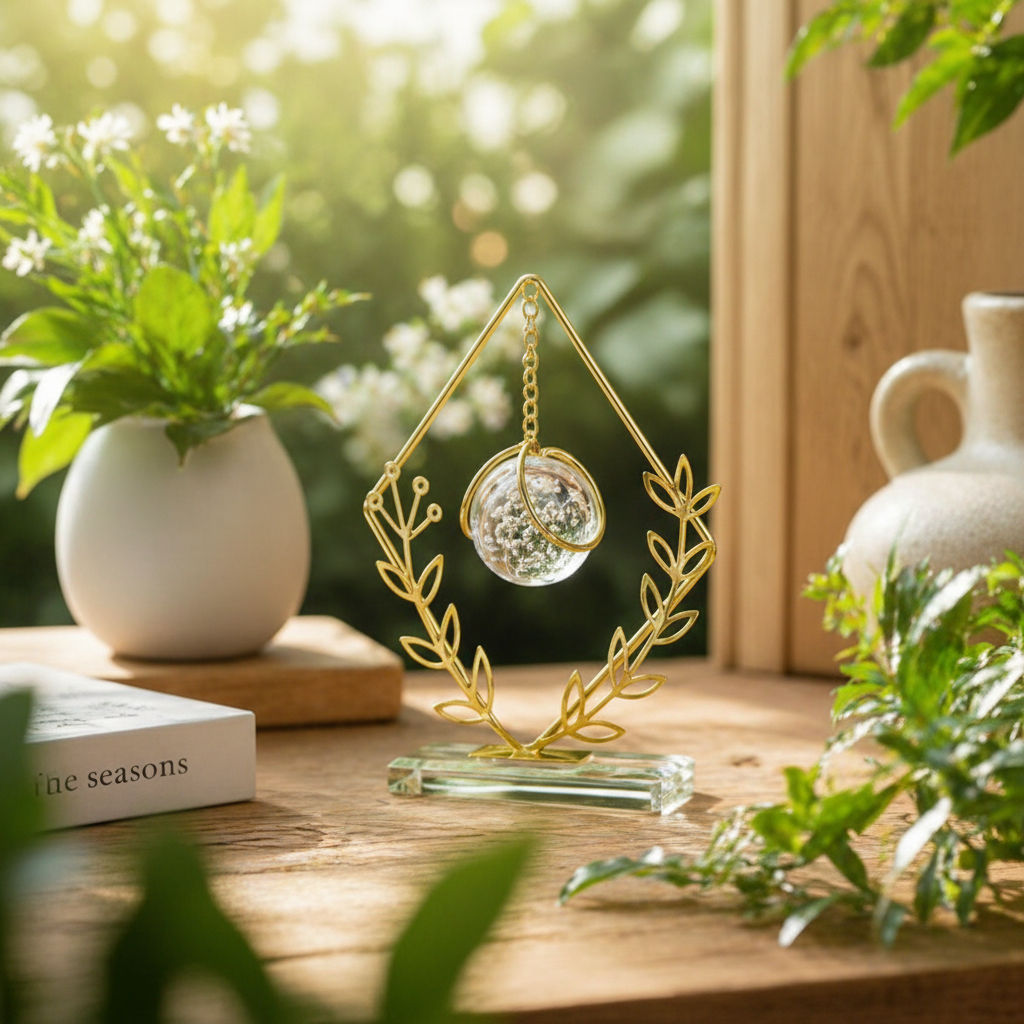 Golden Metallic Diamond Shaped Frame on Glass Platform with Leaves and Hanging Crystal Ball inside