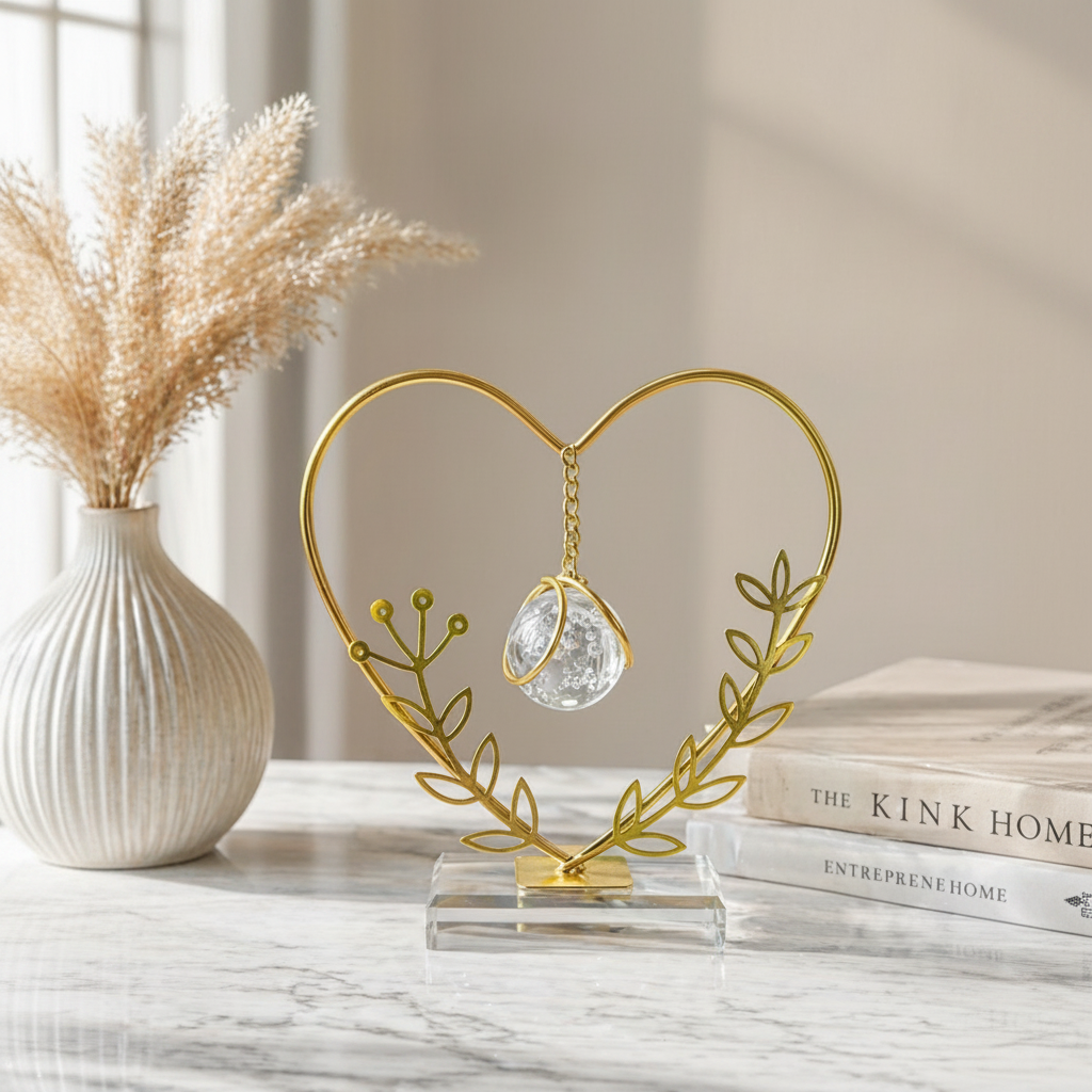 Golden Metallic Heart shaped Frame on Glass Platform with Leaves and Hanging Crystal Ball inside