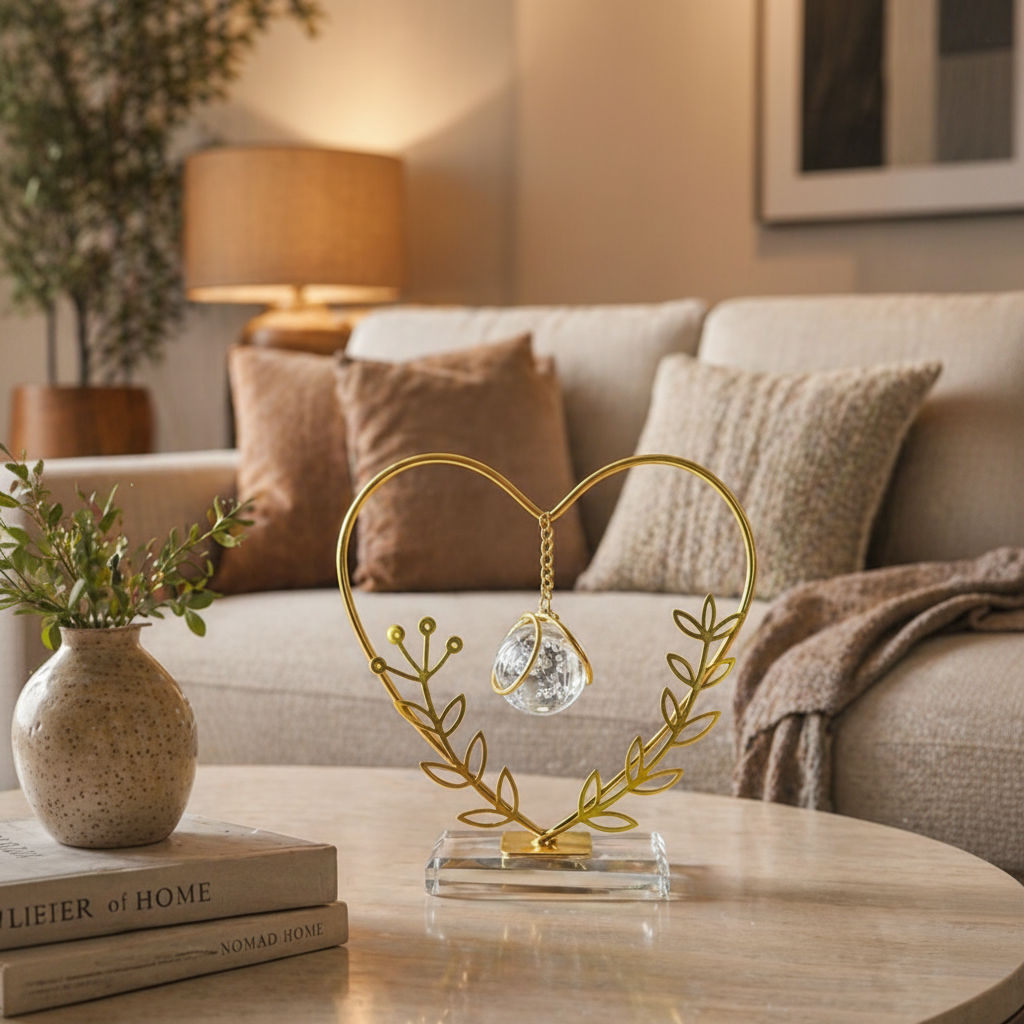 Golden Metallic Heart shaped Frame on Glass Platform with Leaves and Hanging Crystal Ball inside