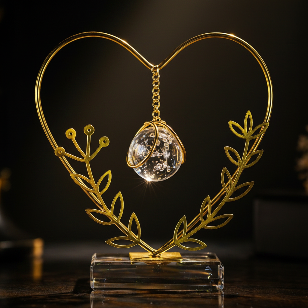 Golden Metallic Heart shaped Frame on Glass Platform with Leaves and Hanging Crystal Ball inside