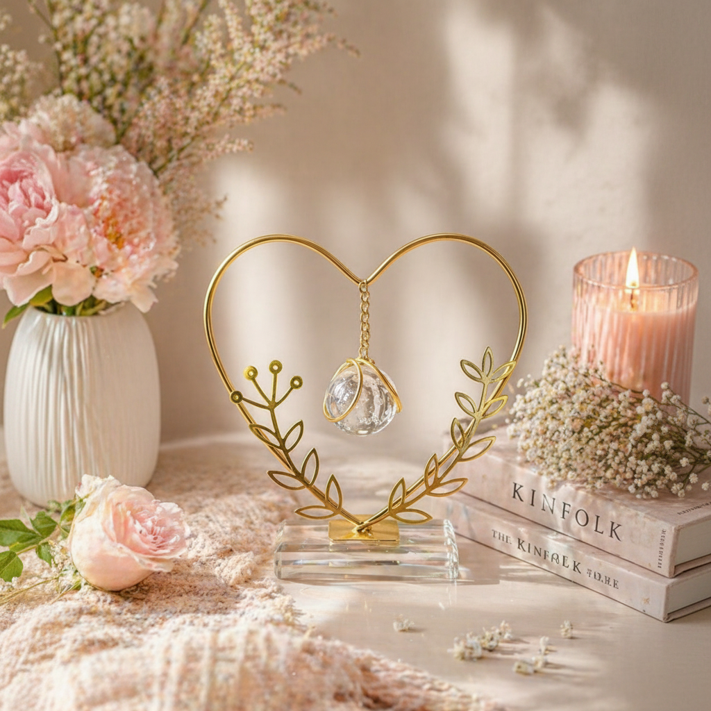 Golden Metallic Heart shaped Frame on Glass Platform with Leaves and Hanging Crystal Ball inside