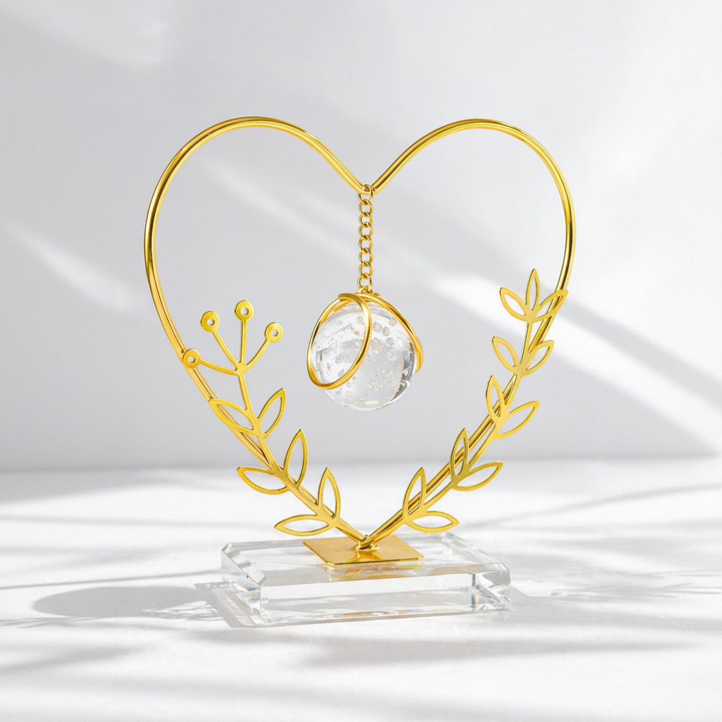 Golden Metallic Heart shaped Frame on Glass Platform with Leaves and Hanging Crystal Ball inside