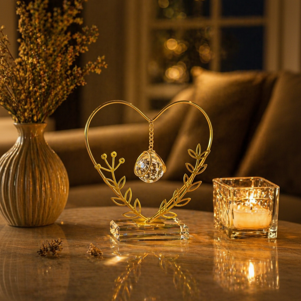 Golden Metallic Heart shaped Frame on Glass Platform with Leaves and Hanging Crystal Ball inside