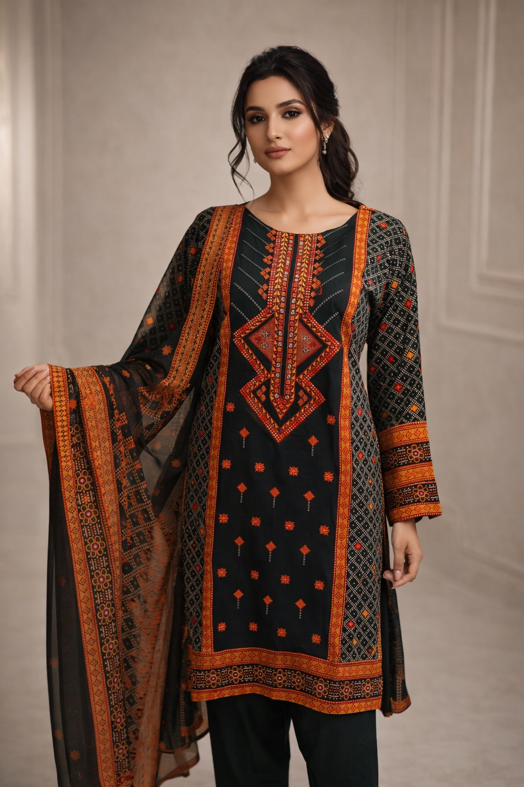 3-Pcs Printed & Embroidered Lawn Suit (Stitched)