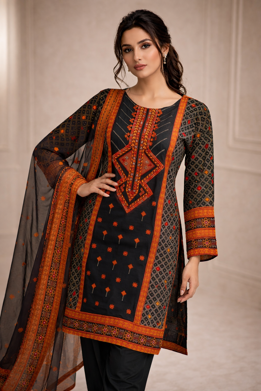 3-Pcs Printed & Embroidered Lawn Suit (Stitched)