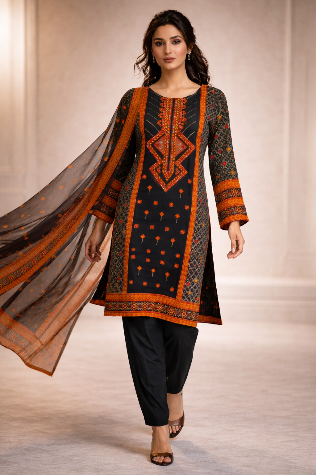 3-Pcs Printed & Embroidered Lawn Suit (Stitched)