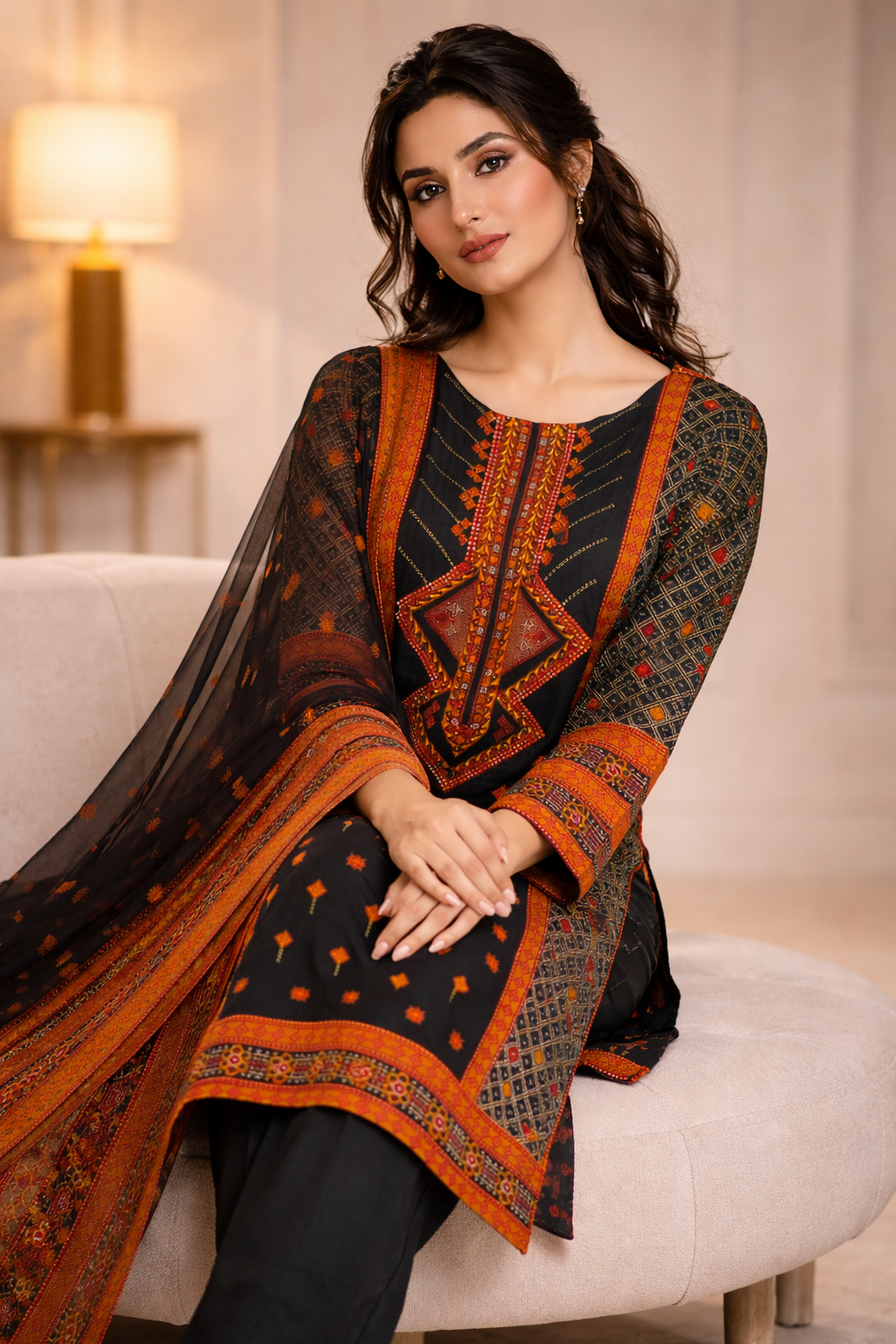 3-Pcs Printed & Embroidered Lawn Suit (Stitched)