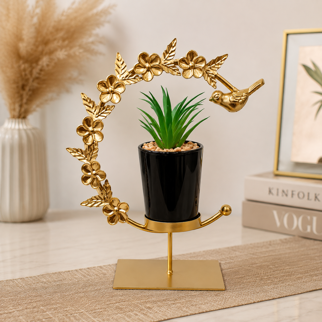 Artificial Succulent with Planter inside Crescent Floral Frame