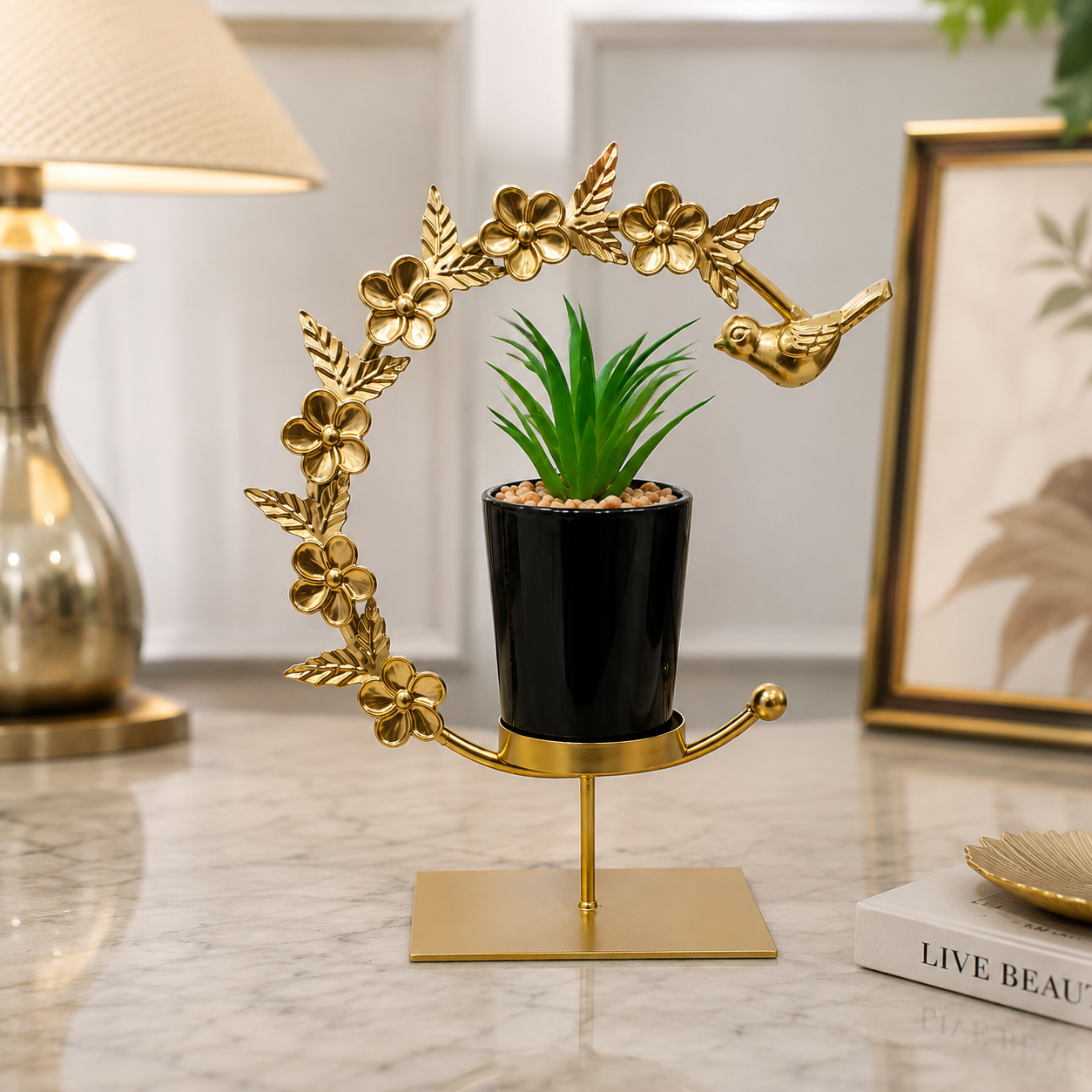 Artificial Succulent with Planter inside Crescent Floral Frame