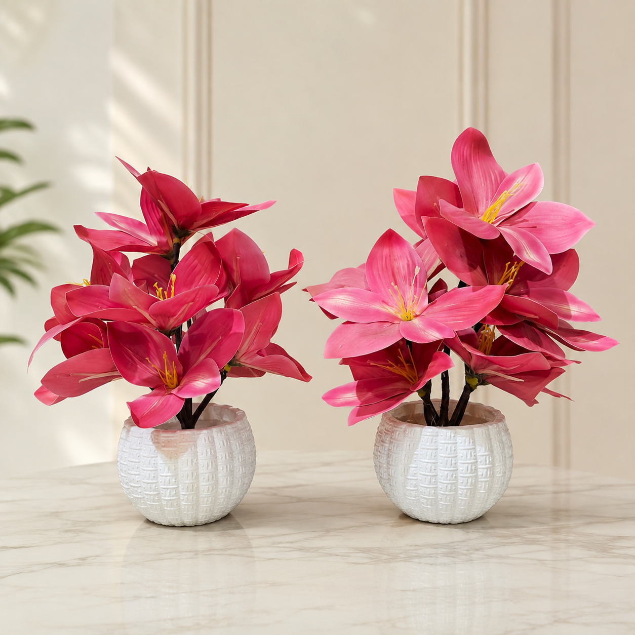 Pack of 2 Plastic Pots with artificial Pink Flowers & Plants