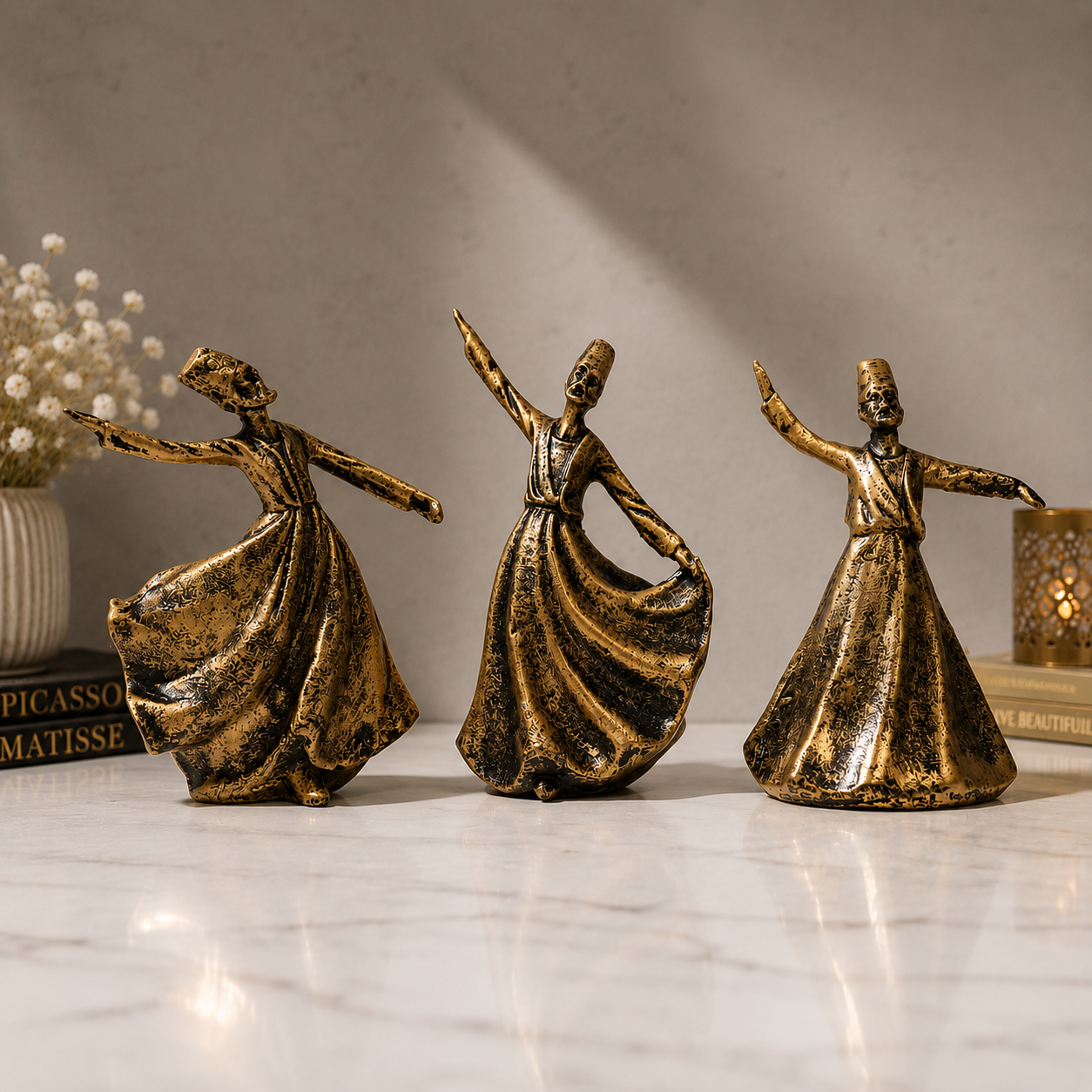 3-Pcs Set of Antique Golden-Black Resin Statues of Dancing Sufis