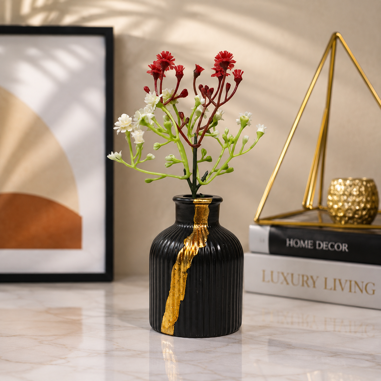 Gold Painted Ribbed Black Vase with artificial Flowers