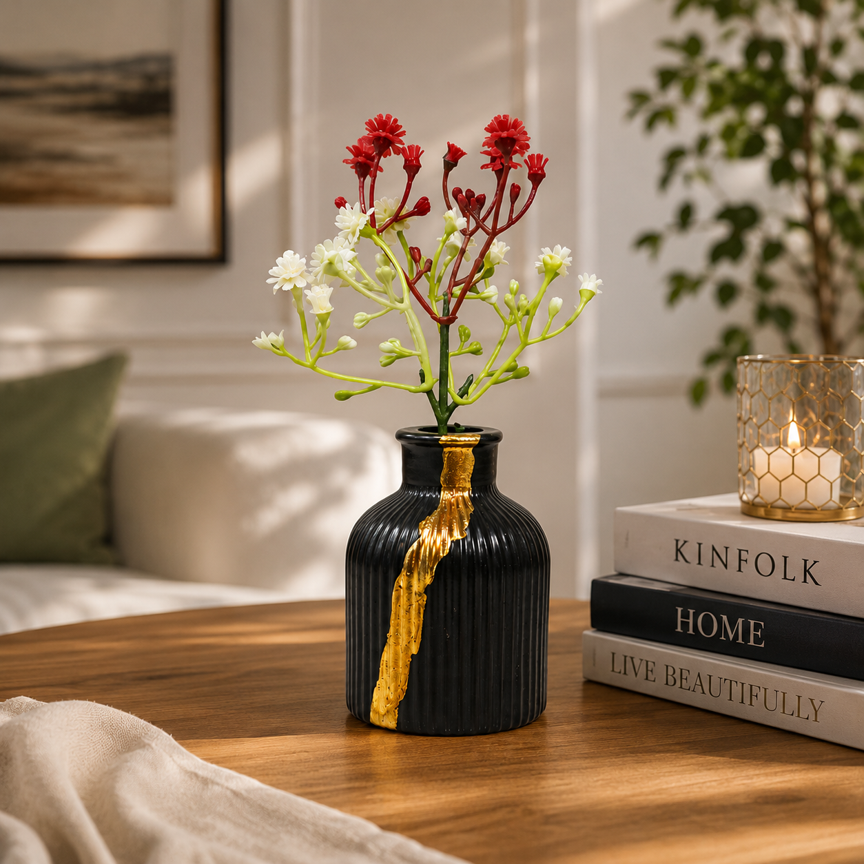 Gold Painted Ribbed Black Vase with artificial Flowers